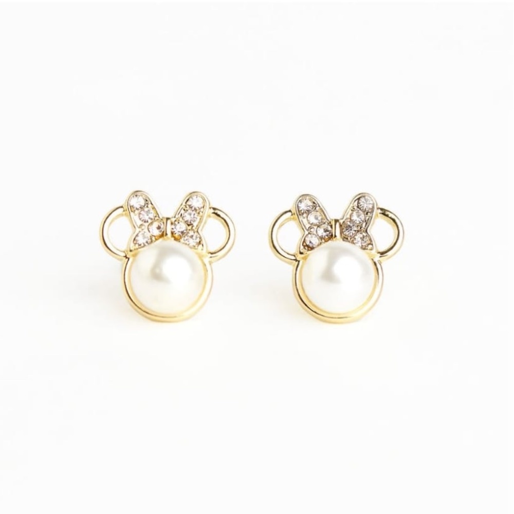 Gold Plated Disney Minnie Mouse Pearl Rhinestone Stud Earrings Cute Bow S925